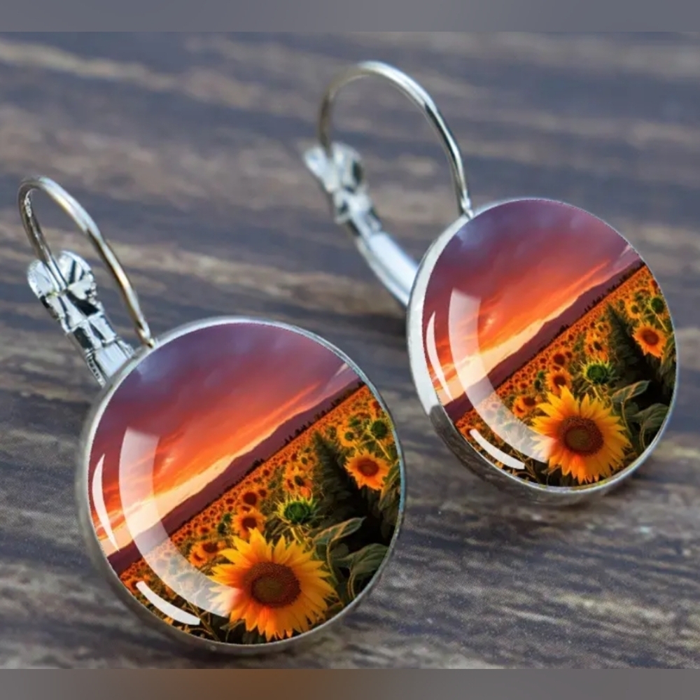 Boho Orange Nature Summer Sunflower Sunset Round Silver Snapback Earrings (#063)